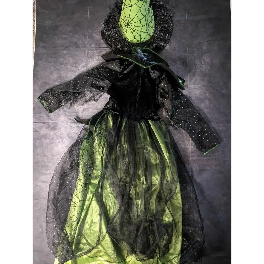 Magical Green Halloween 2 Piece Witch Costume Spiders Girls Size 7-8 Teetot